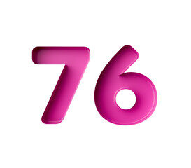Vibrant pink number 76 Seventy six in bold gradient font with a slight shadow effect, 3d illustration
