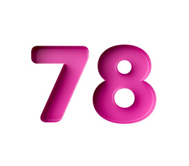 Vibrant pink number 78 Seventy eight in bold gradient font with a slight shadow effect, 3d illustration
