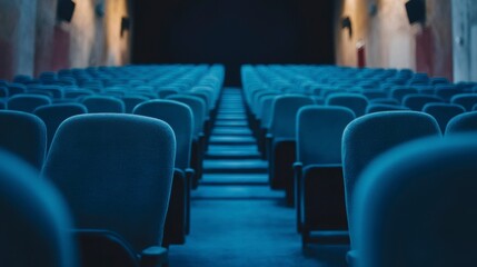 Fototapeta premium Empty blue cinema seats in a dark theater, rows receding to a distant screen.