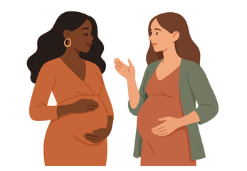Vector illustration of two pregnant women chatting and smiling. Perfect for maternity support themes, prenatal care, motherhood content, and women's health or community visuals.