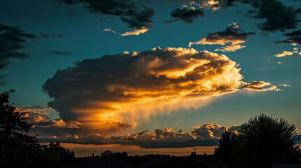 Dramatic sunset with a large, golden cumulonimbus cloud illuminated by the setting sun, casting shadows on the landscape below.