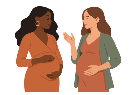 Vector illustration of two pregnant women chatting and smiling. Perfect for maternity support themes, prenatal care, motherhood content, and women's health or community visuals.