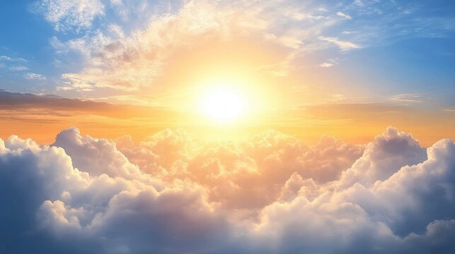 Vibrant sunrise above fluffy clouds, aerial view.