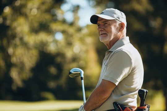 Old Man Golf. Senior Man Enjoying Golfing on a Sunny Day with Club and Copy Space