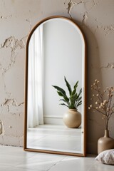 Full Length Arch Mirror with Gold Frame Against Textured Wall