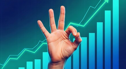 Hand gesture signaling everything is excellent with a financial graph showing business growth and success