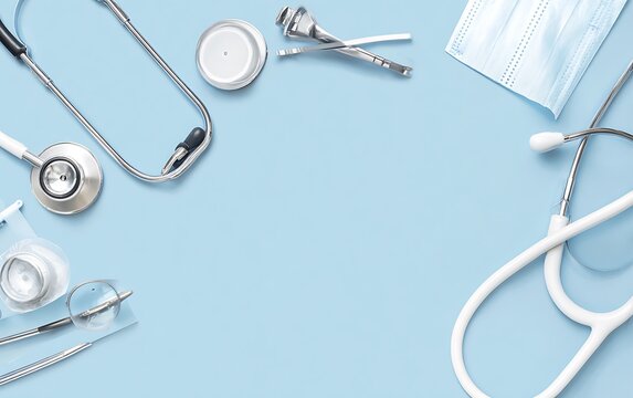 Medical examination tools equipment on blue