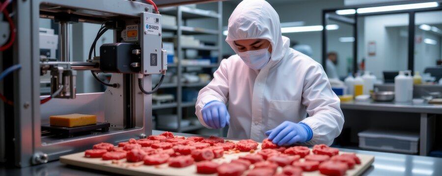 Person in Protective Gear Arranging Raw Meat Slices Near a 3D Printer in a Modern Food Processing Facility - Powered by Adobe