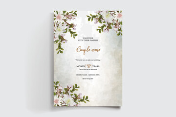 WEDDING INVITATION FRAME WITH FLOWER DECORATIONS AND FRESH LEAVES