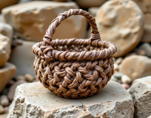 Obraz premium Small Brown Woven Basket on Rocks