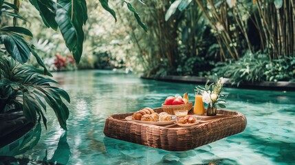 Floating breakfast awaits in a tranquil turquoise pool surrounded by lush greenery