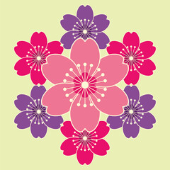 Colorful floral pattern with pink and purple blossoms on a light green background design art
