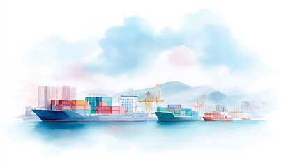 Vessels laden with containers sail through calm waters nestled among mountains under a sky filled with warm orange and grey tones, creating a soothing maritime landscape