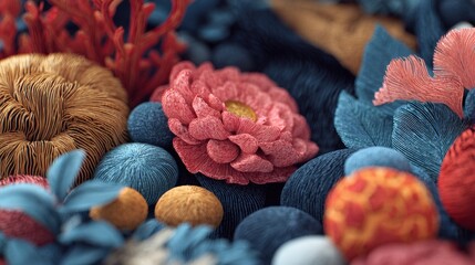 A colorful flower is surrounded by various colored balls and other objects. The image has a playful and whimsical mood, with the bright colors and the way the objects are arranged