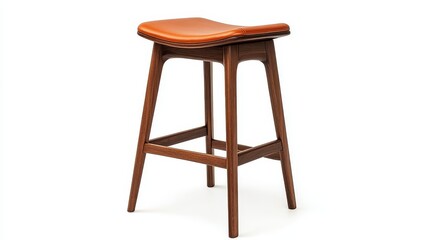 Wooden stool with a brown leather seat stands on a white background. Showcase furniture, home decor, or add a touch of design flair.