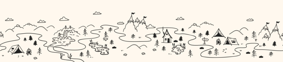 Cute hand drawn vector seamless pattern with camping doodles, tents, landscape and trails, great for textiles, banners, wallpapers