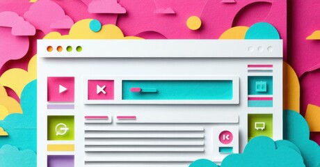 Papercraft browser window. Colorful background features clouds, circles, pink waves. Interface elements include play, close buttons, slider.