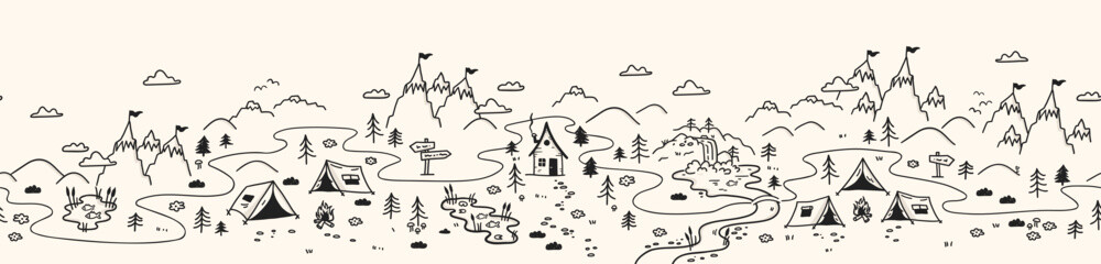 Cute hand drawn vector seamless pattern with camping doodles, tents, landscape and trails, great for textiles, banners, wallpapers