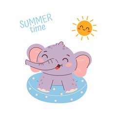 Cute smiling elephant in inflatable ring. Summer illustration of elephant in simple children's style 