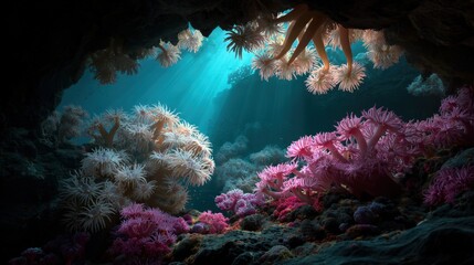 A deep blue ocean with a variety of colorful sea plants. The plants are pink and white, and they are scattered throughout the scene