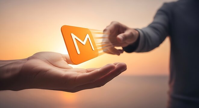 Transferring the future, a hand passing a glowing mobile communication icon over a sunset horizon