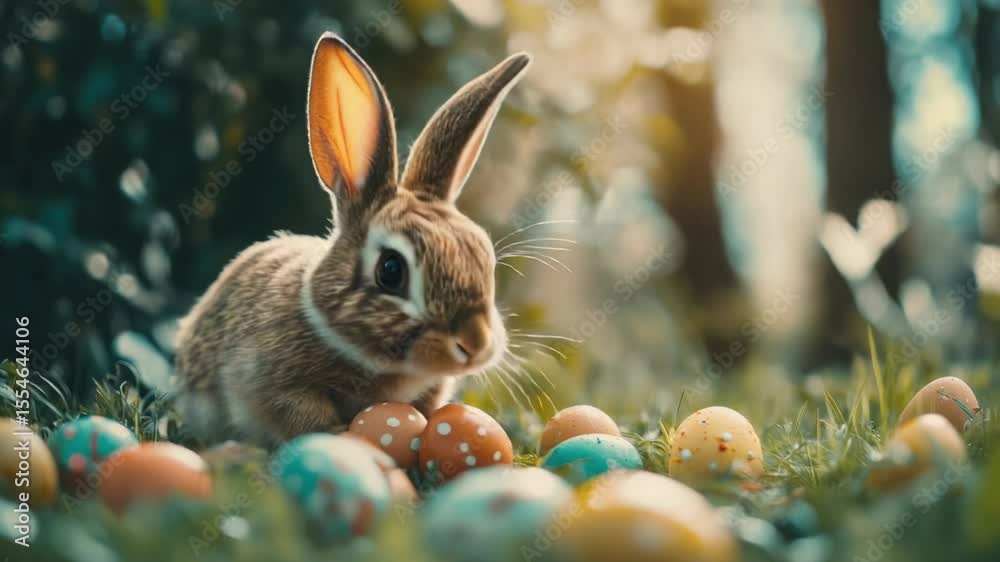 Poster a rabbit sits on the grass surrounded by eggs, perfect for illustrating a peaceful scene or depictin