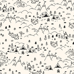 Cute hand drawn vector seamless pattern with camping doodles, tents, landscape and trails, great for textiles, banners, wallpapers