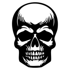 Bold Skull Stencil Art with Hair and Teeth Details - Grunge Horror Face Illustration for Tattoos, Stickers, and Dark Graphic Designs