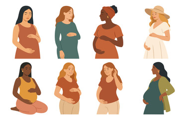 Vector set of diverse pregnant women in different poses and outfits. Ideal for maternity, prenatal care, motherhood content, and inclusive health or parenting visuals.
