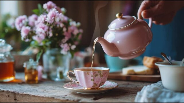 Enjoying afternoon tea with a beautiful pink teapot and floral arrangements in a cozy setting