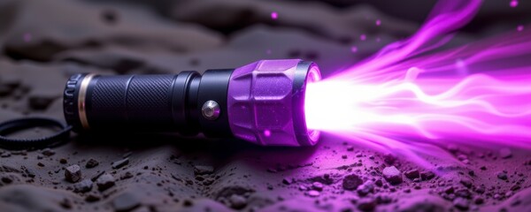 Black Flashlight Emitting Bright Purple Beam on Dark Ground