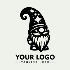 Black and white stylized gnome logo design with a magical hat.