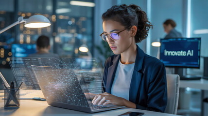 A cinematic portrait photograph of a young female
AI engineer intently focused on her laptop, surrounded by intricate holographic data visualizations floating in the air