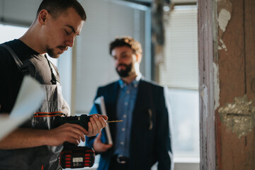 Two individuals are focusing on a construction task in a modern office-setting, highlighting...