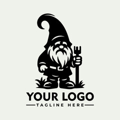 A stylized black and white garden gnome logo design, holding a pitchfork, standing in grass.