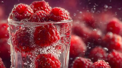 Glass filled with fresh raspberries and sparkling water, with vivid bubbles clinging to the surface of the berries against a blurred purple background - Powered by Adobe
