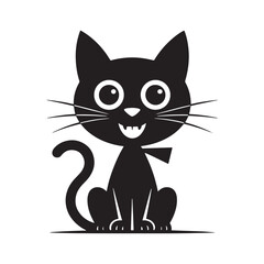 Cute cartoon black cat sitting with big eyes and happy face, funny pet animal vector illustration art.