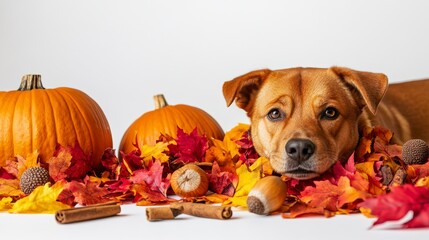 Happy dog resting on autumn leaves, pumpkins, and acorns.