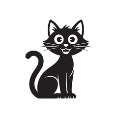 Cute cartoon black cat sitting with big eyes and happy face, funny pet animal vector illustration art.