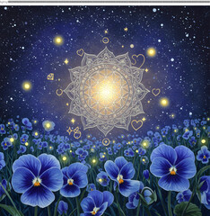 Mystical Night Field of Blue Pansies and Firefly Mandala