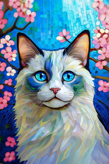 Colourful mosaic painting style image of portrait of Ragdoll cat against backdrop of cherry blossom flowers