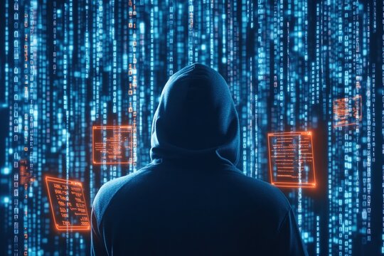 Hooded figure in front of digital code with cybersecurity data visuals