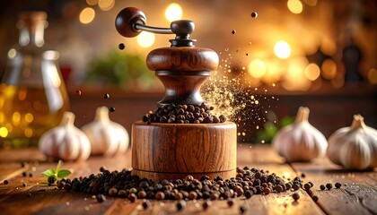 Ultra-Realistic Close-Up of Freshly Ground Black Peppercorns with Heavy Wooden Grinder in High Fidelity GIGAPIXEL Quality to Elevate Culinary Imagery and Food Photography