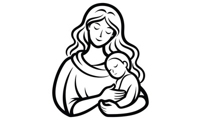 Stylized black and white line art illustration of a mother holding her sleeping baby close symbolizing love care and family bonding