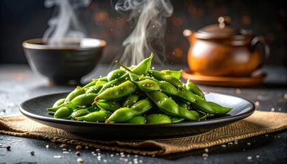 Ultra Realistic Depiction of Warm Edamame Pods Served on a Slate Plate with Steam Rising in a Gigapixel High Fidelity Display V2 2x