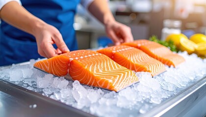 Ultra Realistic Kitchen Scene Featuring Wild Salmon Fillet Being Portioned into Steaks on Ice in a Gigapixel High Fidelity Environment
