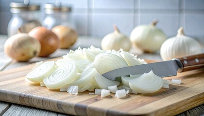 Ultra-realistic Macro Shot of Crisp White Onions Being Chopped on a Worn Wooden Cutting Board with Soft Focus Background Elements in Gigapixel Quality