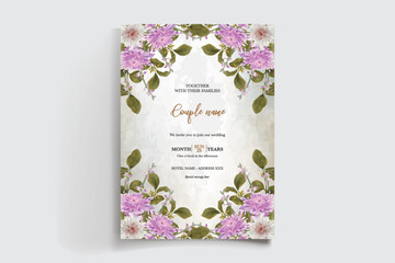 WEDDING INVITATION FRAME WITH FLOWER DECORATIONS AND FRESH LEAVES