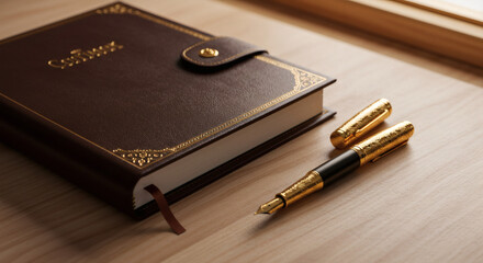 Luxurious Brown Leather Journal with Elegant Gold Pens on Wooden Desk Business Writing and Luxury