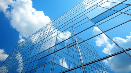Obraz premium Low angle view of modern glass skyscraper reflecting blue sky and clouds.